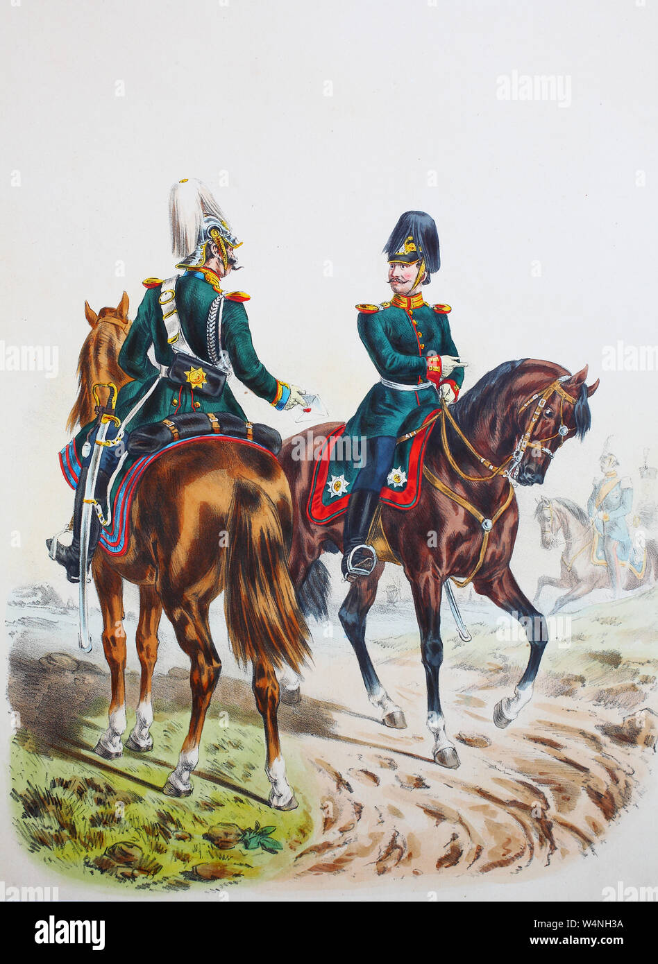 Royal Prussian Army, Guards Corps, Preußens Heer, preussische Garde, Leib Gendarmerie und reitendes Feldjäger Corps, Wachtmeister, Offizier Oberjäger, Digital improved reproduction of an illustration from the 19th century Stock Photo