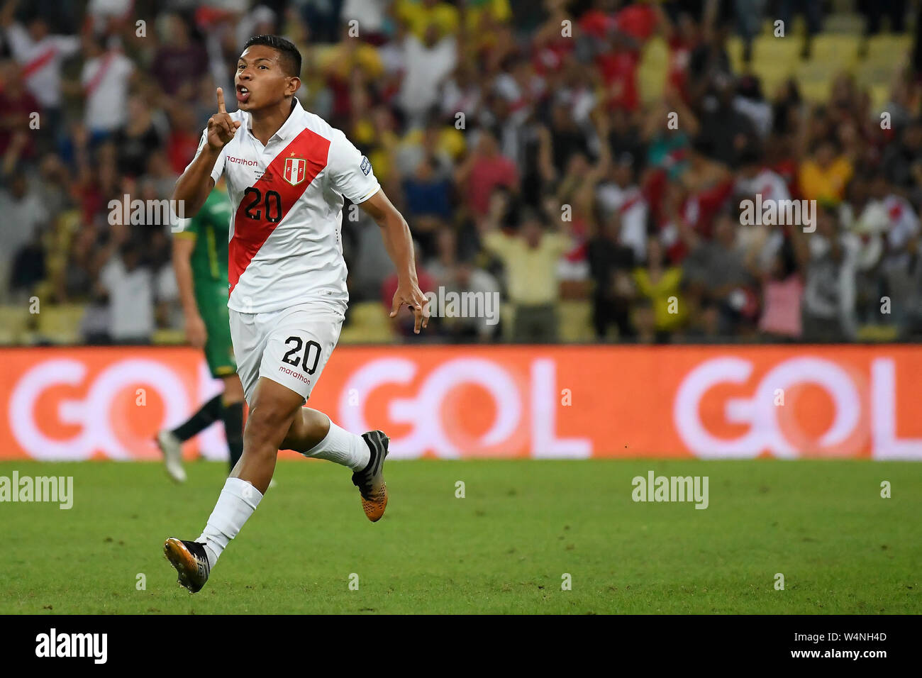 Rio de Janeiro, Brazil, June 18, 2019. Soccer player Flores Peralta of the soccer team Peru celebrates its goldurante the match Bolívia x Peru by Copa Stock Photo