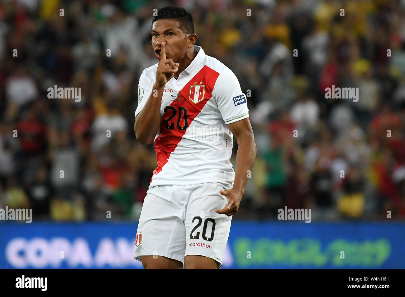 Rio de Janeiro, Brazil, June 18, 2019. Soccer player Flores Peralta of the soccer team Peru celebrates its goldurante the match Bolívia x Peru by Copa Stock Photo