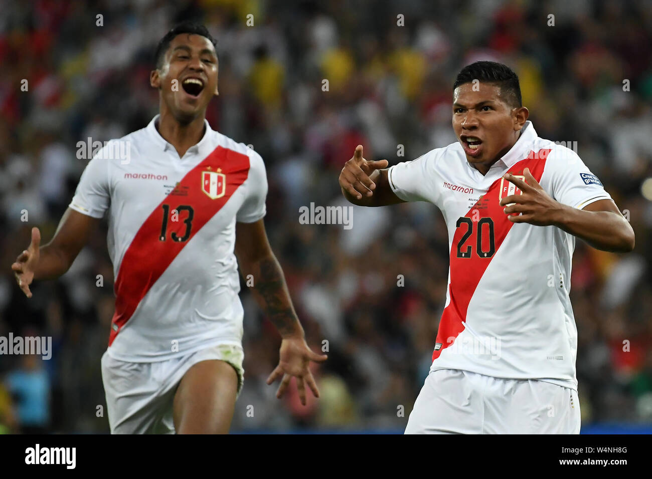 Rio de Janeiro, Brazil, June 18, 2019. Soccer player Flores Peralta of the soccer team Peru celebrates its goldurante the match Bolívia x Peru by Copa Stock Photo