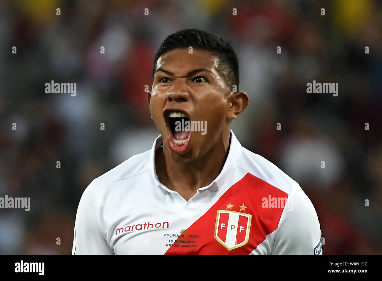 Rio de Janeiro, Brazil, June 18, 2019. Soccer player Flores Peralta of the soccer team Peru celebrates its goldurante the match Bolívia x Peru by Copa Stock Photo