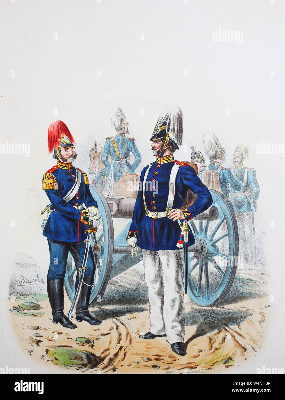 Royal Prussian Army, Guards Corps, Preußens Heer, preussische Garde, 2. Garde Feld Artillerie Regiment, Stabstrompeter, einjähriger Freiwilliger, Digital improved reproduction of an illustration from the 19th century Stock Photo