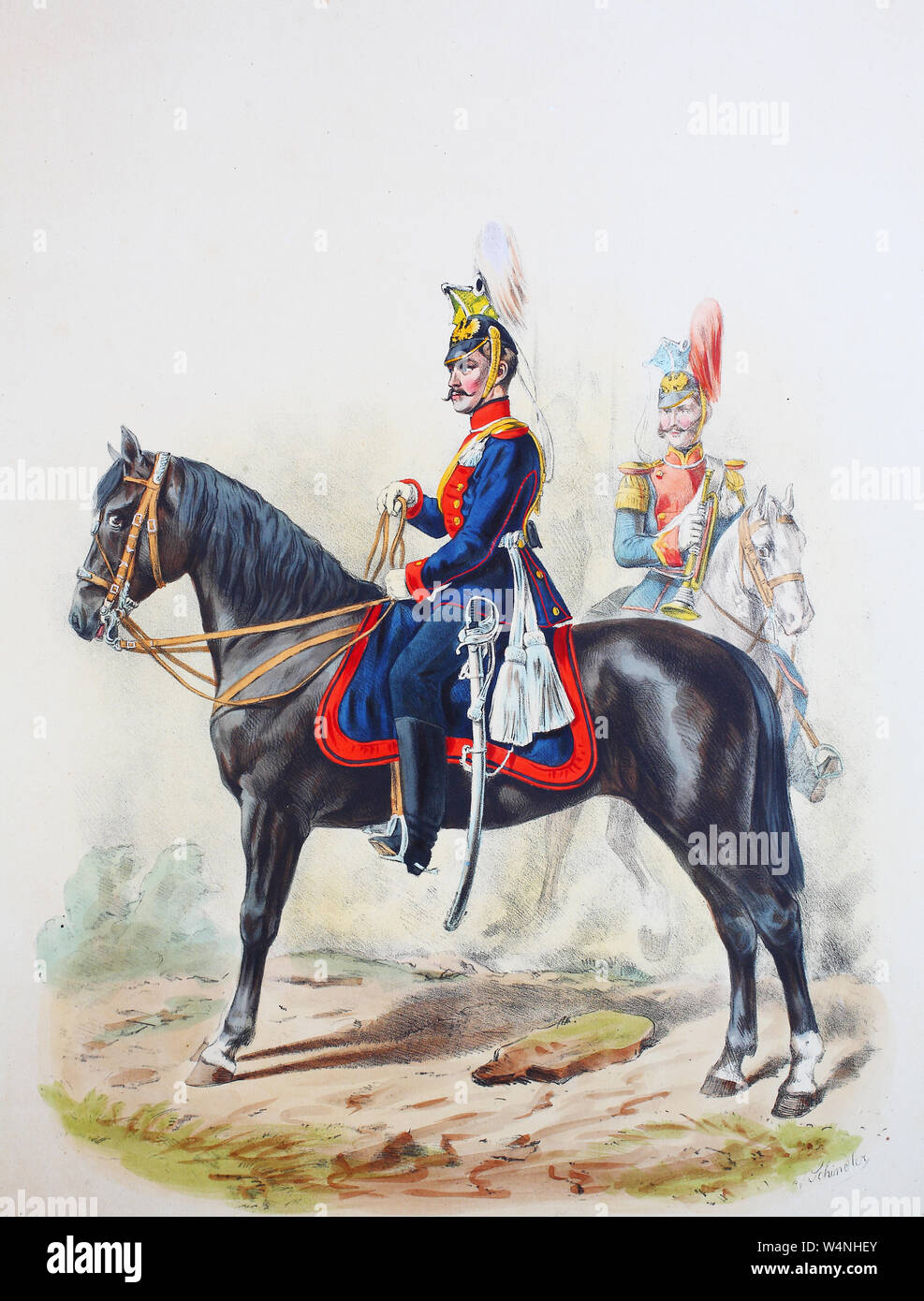 Royal Prussian Army, Guards Corps, Preußens Heer, preussische Garde, 1. Brandenburger Ulanen Regiment, Kaiser von Russland No.3, Offizier, Stabstrompeter, Digital improved reproduction of an illustration from the 19th century Stock Photo