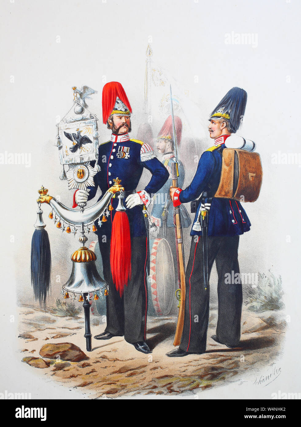 Royal Prussian Army, Guards Corps, Preußens Heer, preussische Garde, Garde Füsilier Regiment, Mohamedsfahne, Hauptboist, Füsilier, Digital improved reproduction of an illustration from the 19th century Stock Photo