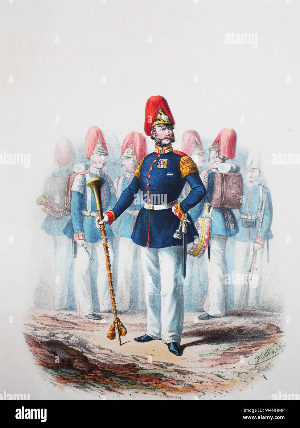 Royal Prussian Army, Guards Corps, Preußens Heer, preussische Garde, Garde Regiment zu Fuß, Hornist, Tambour, Trommler, Digital improved reproduction of an illustration from the 19th century Stock Photo