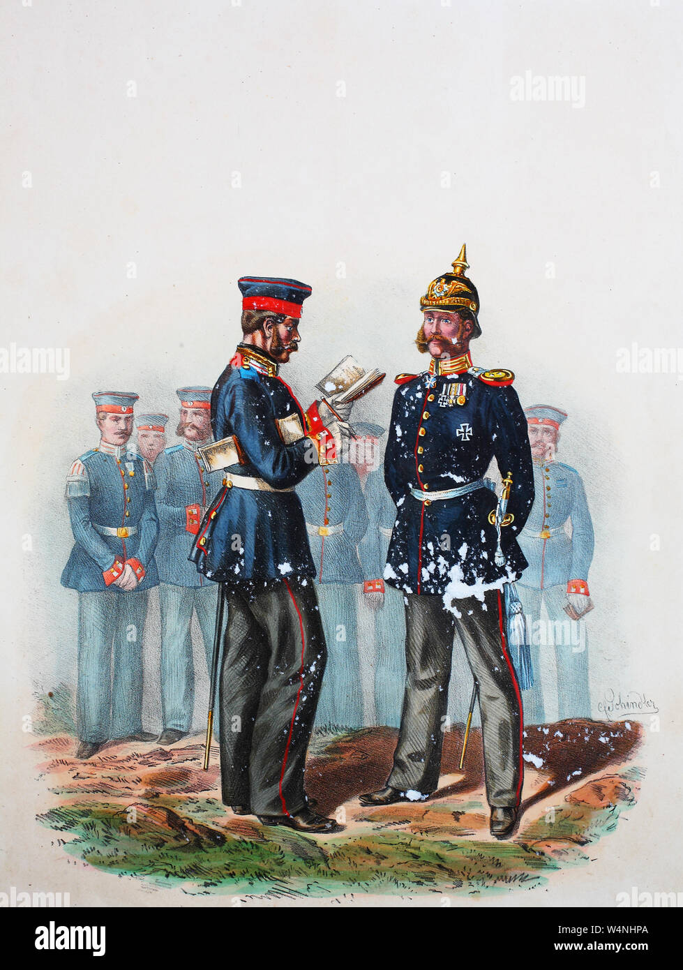 Royal Prussian Army, Guards Corps, Preußens Heer, preussische Garde, Garde Regiment zu Fuß, Feldwebel, Hauptmann, Digital improved reproduction of an illustration from the 19th century Stock Photo