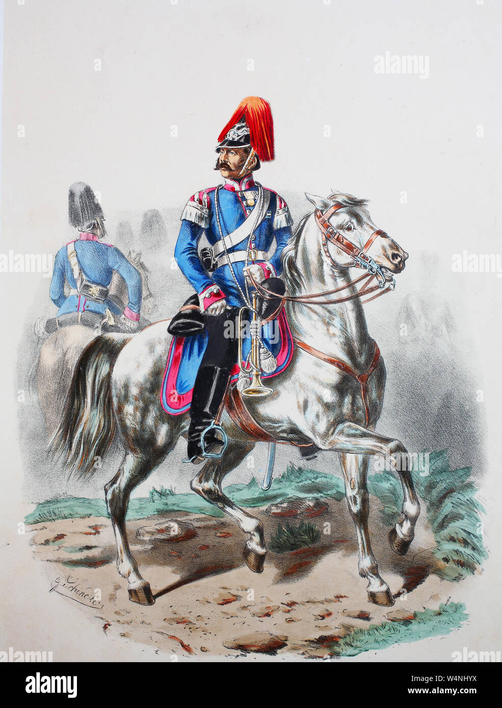 Royal Prussian Army, Guards Corps, Preußens Heer, preussische Garde, Neumärkisches Dragoner Regiment, No.3, Stabs Trompeter, Digital improved reproduction of an illustration from the 19th century Stock Photo