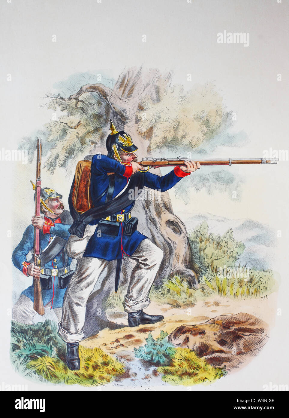 Royal Prussian Army, Guards Corps, Preußens Heer, preussische Garde, Pommersches Füsilier Regiment No. 34, Füsiliere, Digital improved reproduction of an illustration from the 19th century Stock Photo