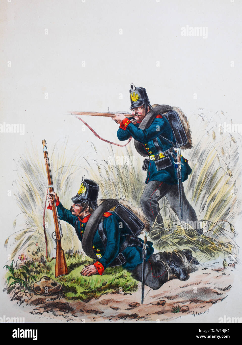 Royal Prussian Army, Guards Corps, Preußens Heer, preussische Garde, Rheinisches Jäger-Bataillon No.8, Ostpreussisches Jäger-Bataillon No.1, Soldaten, Digital improved reproduction of an illustration from the 19th century Stock Photo