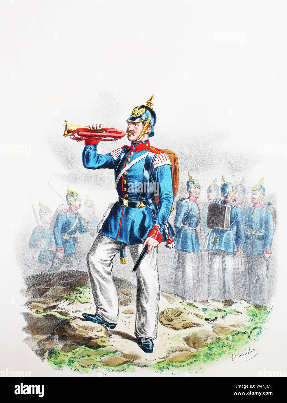 Royal Prussian Army, Guards Corps, Preußens Heer, preussische Garde, Leib-Grenadier Regiment, Brandenburg No. 8, Hornist, Füsilier, Digital improved reproduction of an illustration from the 19th century Stock Photo