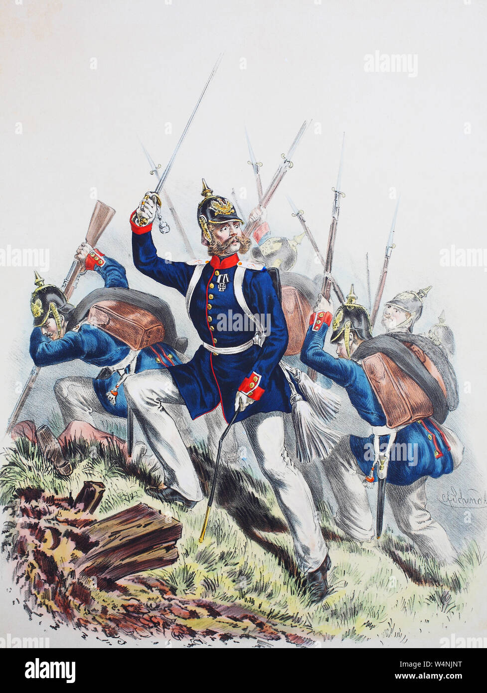 Royal Prussian Army, Guards Corps, Preußens Heer, preussische Garde, Colbergsches Grenadier-Regiment, 2. Pommersches Regiment No.9, Offizier, Digital improved reproduction of an illustration from the 19th century Stock Photo