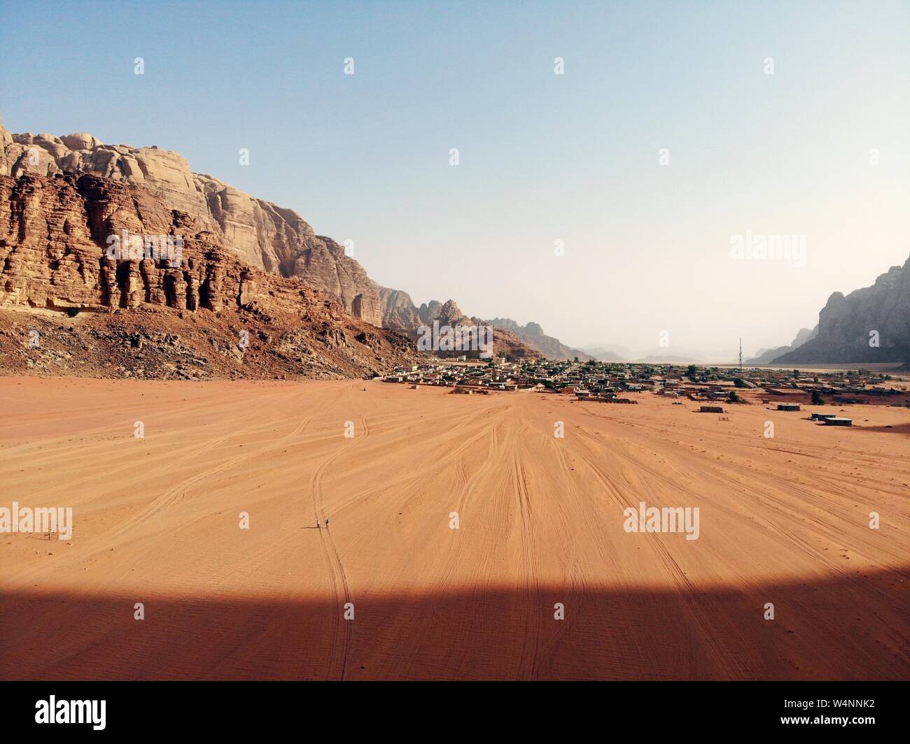 Amazing view from above on the huge, red, hot and very beautiful desert Wadi Rum. Kingdom of