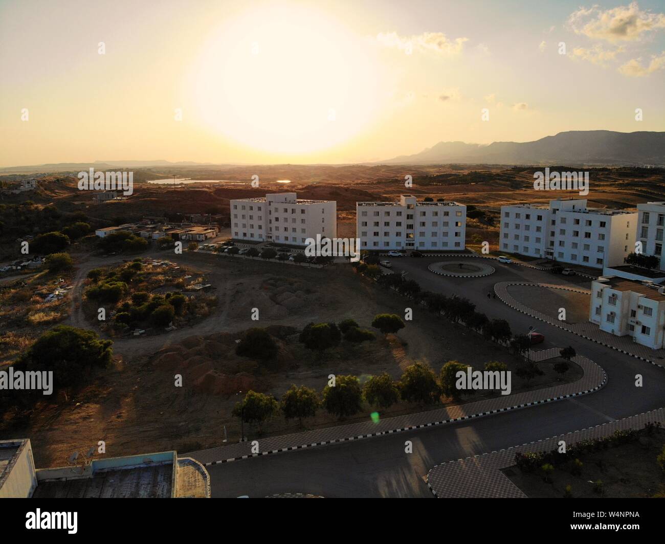 The Turkish part of North Cyprus. Great view from above, Campus and dormitory of Yakin Dogu University, Nikosia. Created by Drone. Stock Photo