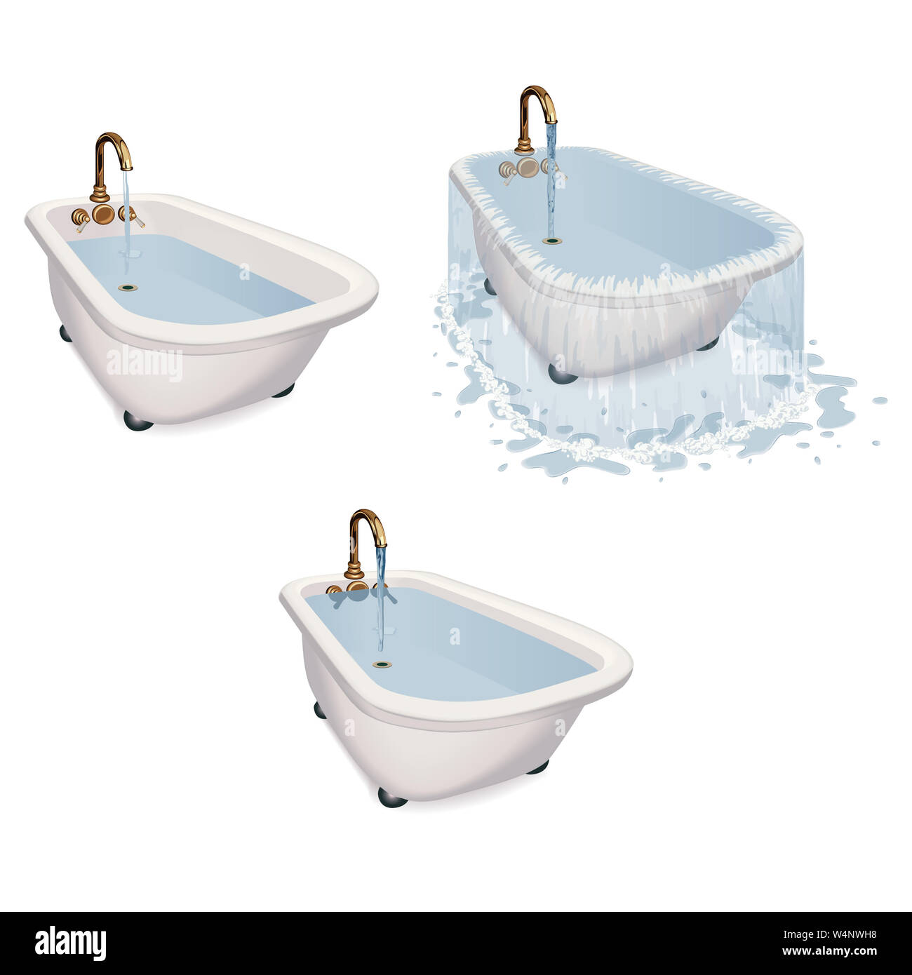 Over flowing bath tub with the tap running. Various states and water