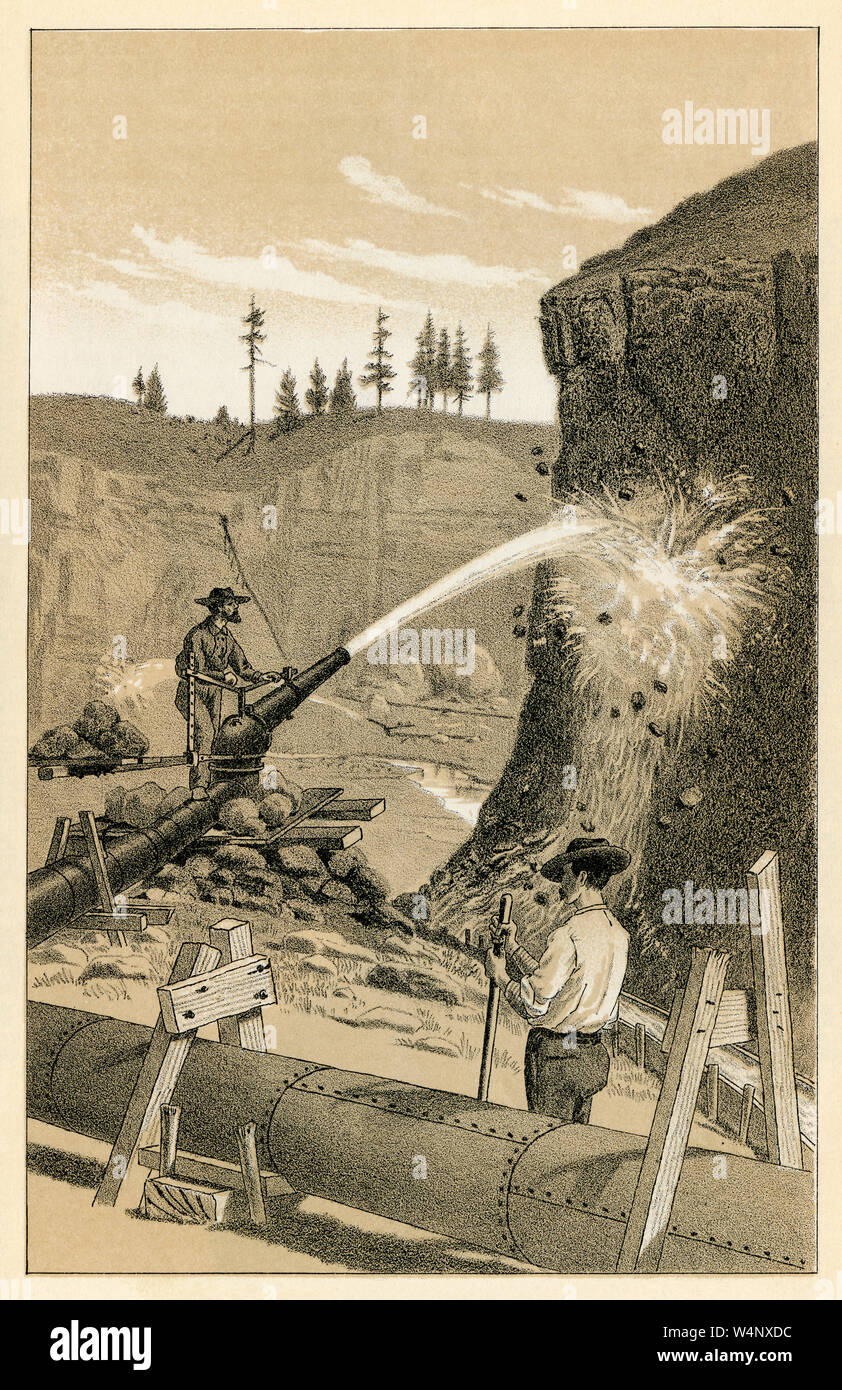 Hydraulic miners using a water cannon in the Pacific Northwest, 1880s