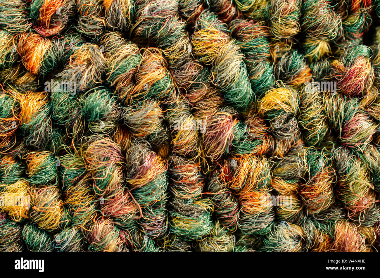 Macro image of colorful carpet fibers. Stock Photo