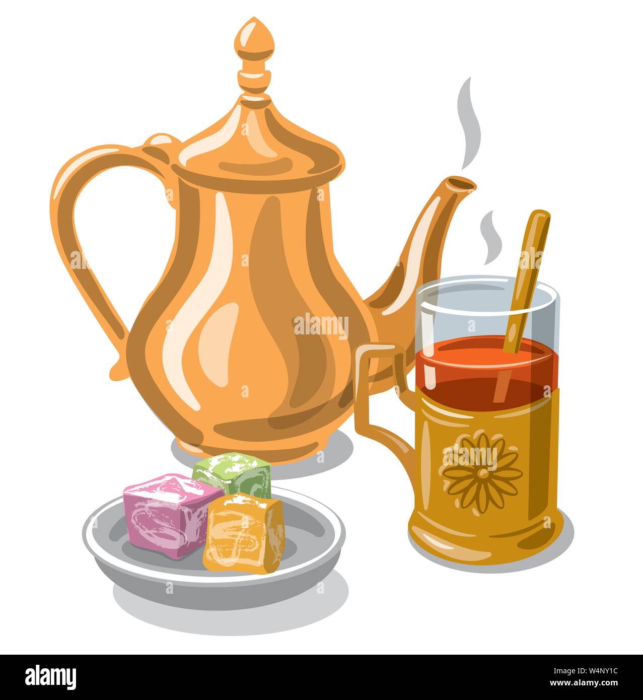 illustration of turkish traditional tea with sweets and delight Stock