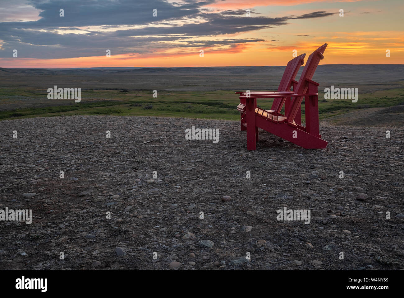 Read Chairs at Grasslands National Park, Saskatchewan, Canada Stock Photo