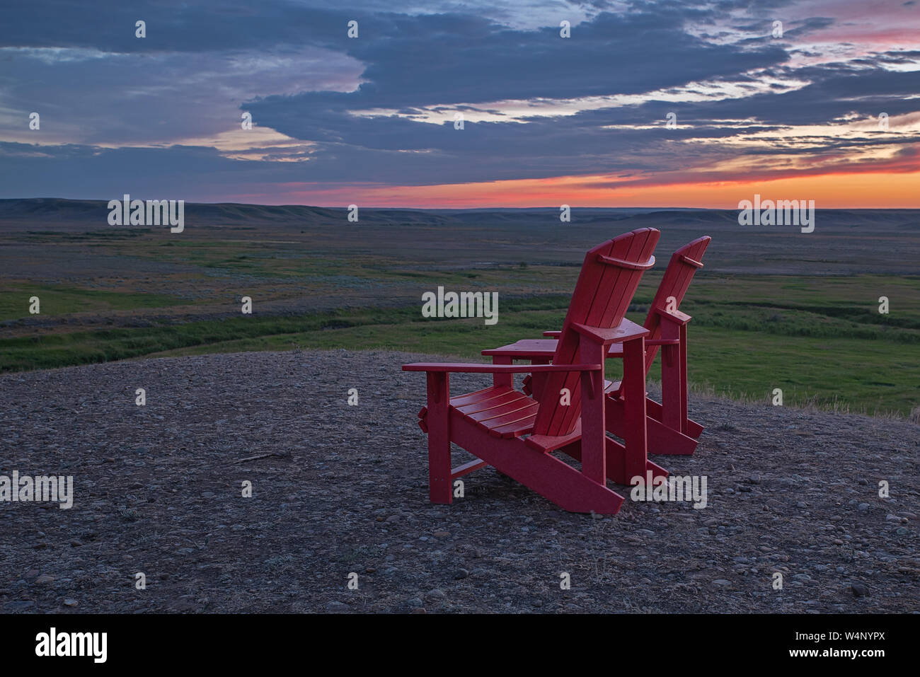 Read Chairs at Grasslands National Park, Saskatchewan, Canada Stock Photo
