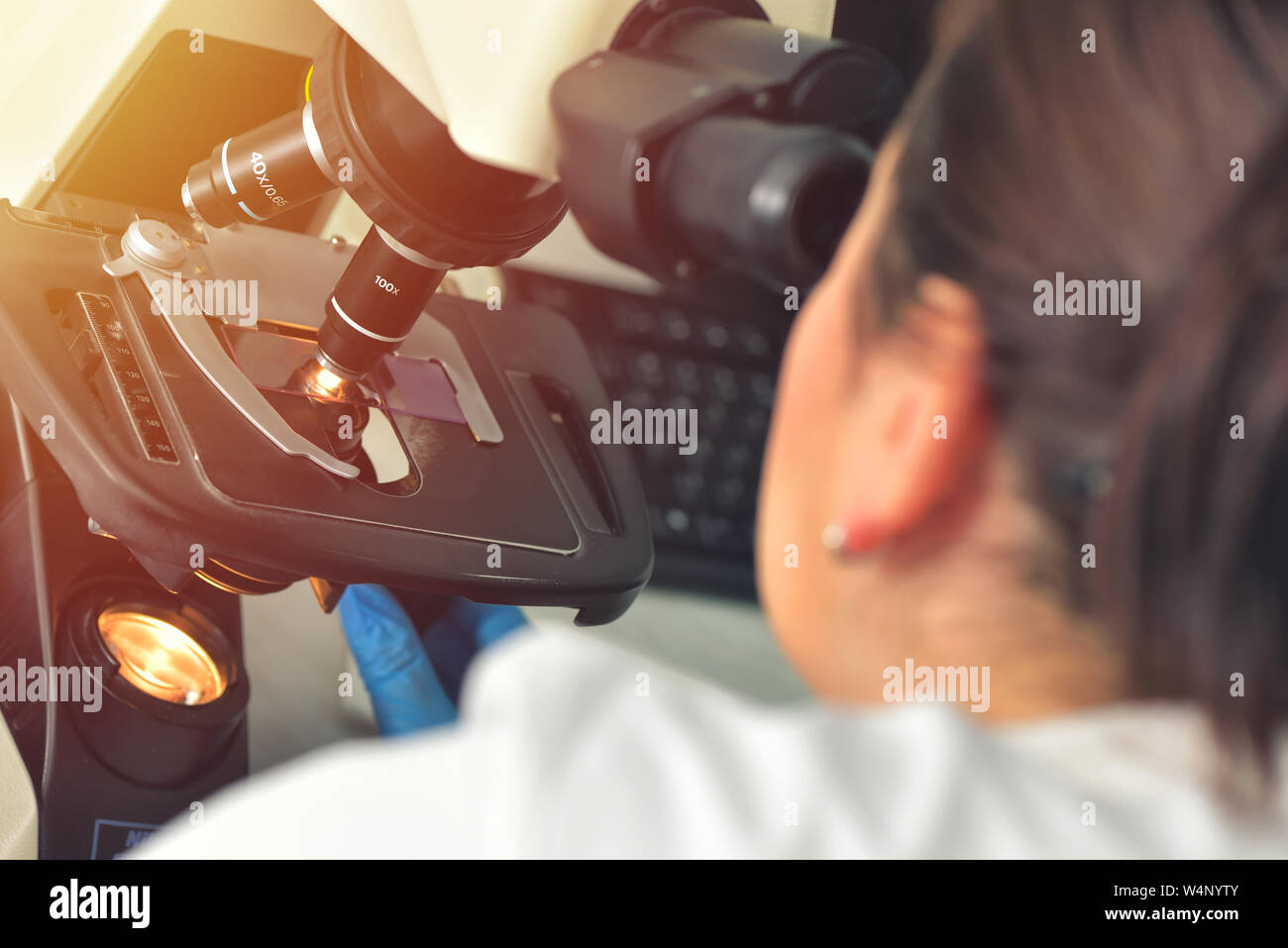 Image of scientist using microscope in medical laboratory Stock Photo
