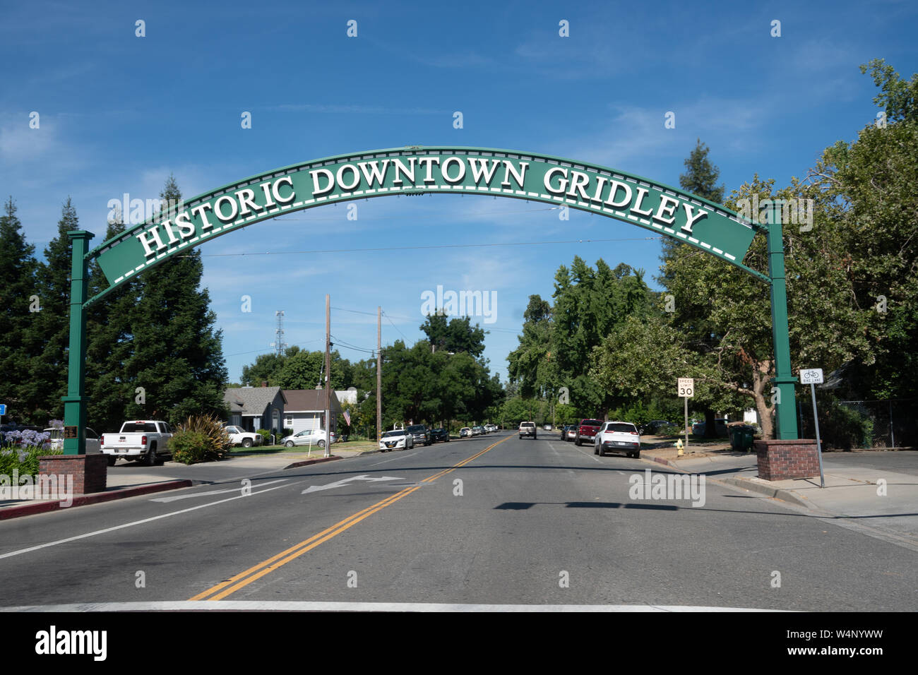 Gridley, California July 10, 2019 arch to Historic Downtown