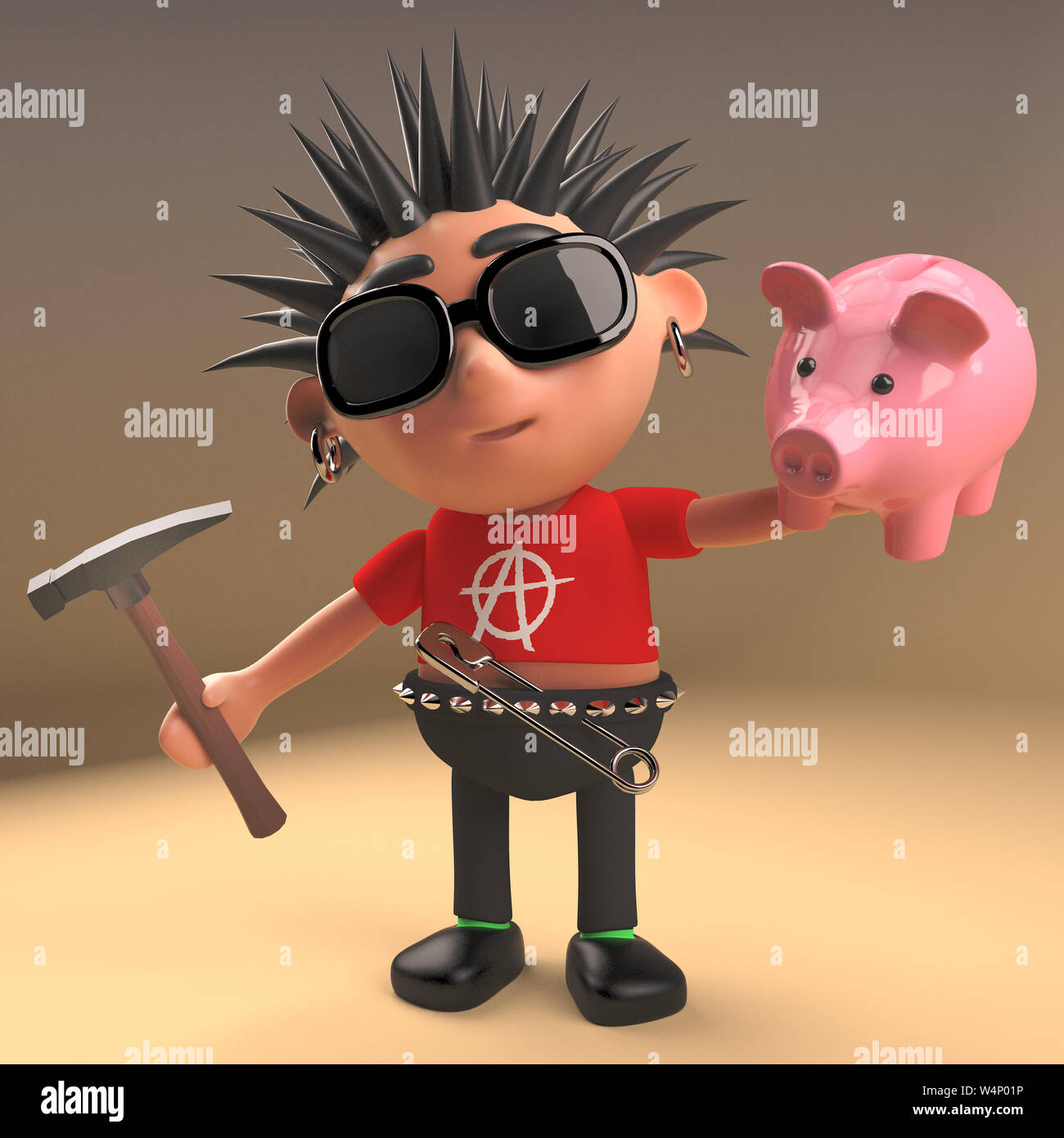 Poor punk rock cartoon character about to smash piggy bank with hammer, 3d illustration render Stock Photo
