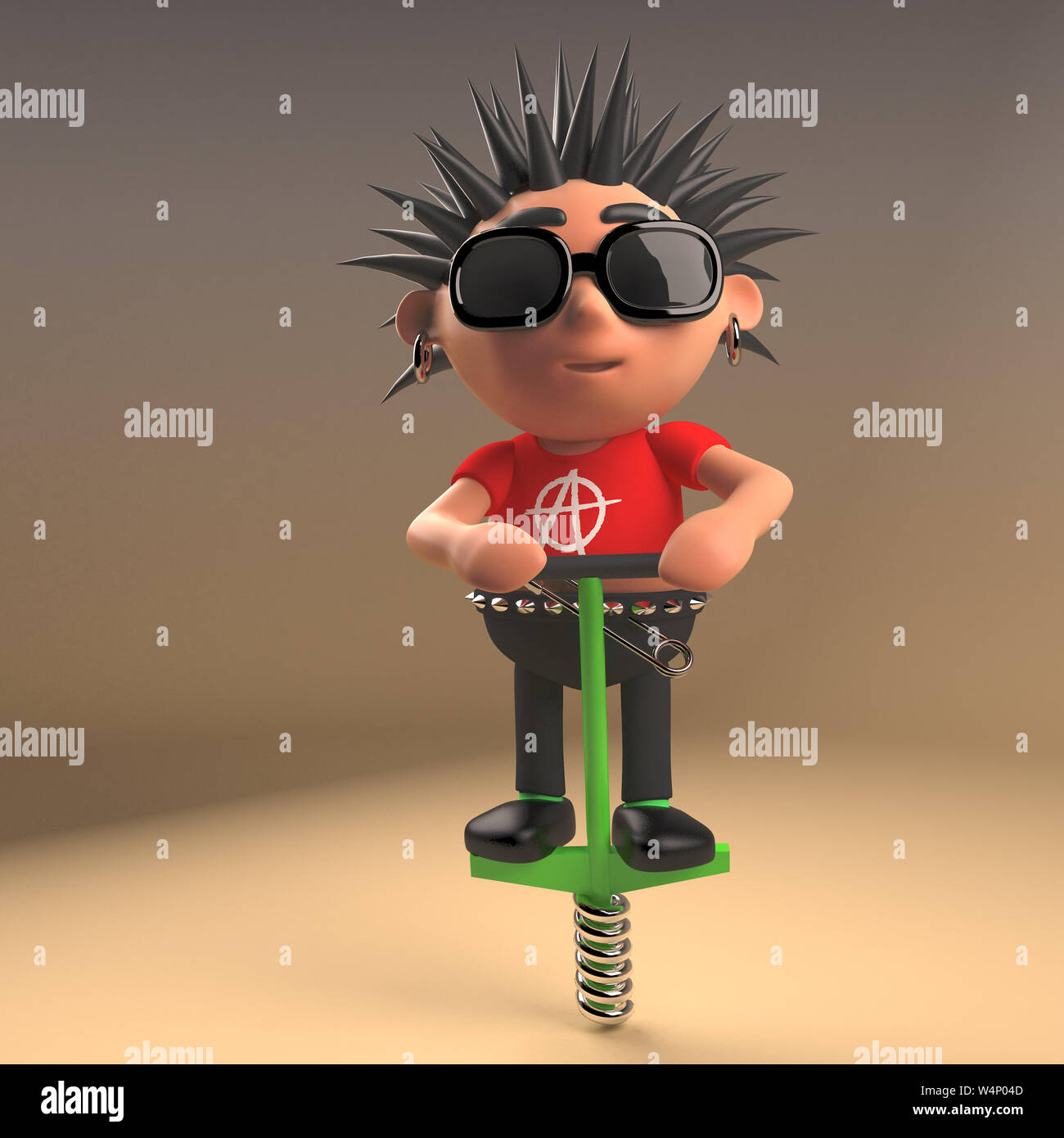Funny punk rock cartoon character doing the pogo on his pogo stick, 3d  illustration render Stock Photo - Alamy