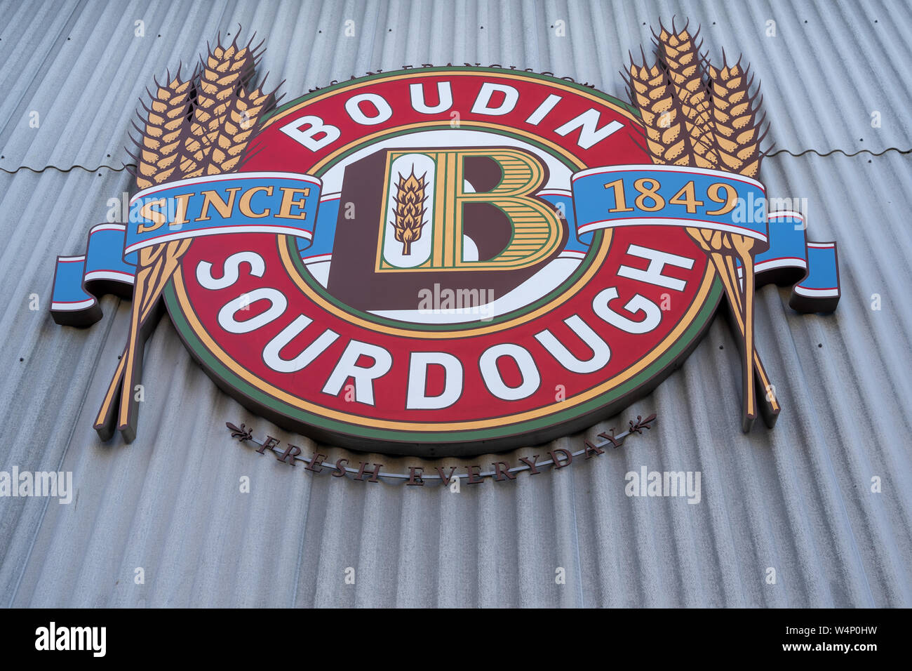 San Francisco, California - July 10, 2019: Close up of the Boudin Sourdough restaurant logo, famous in the Fishermans Wharf area Stock Photo
