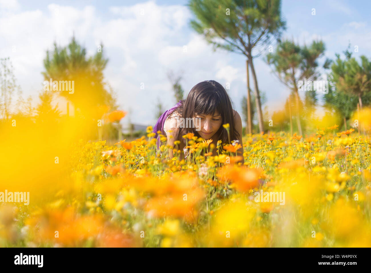 Girl smell flowers hi-res stock photography and images - Alamy