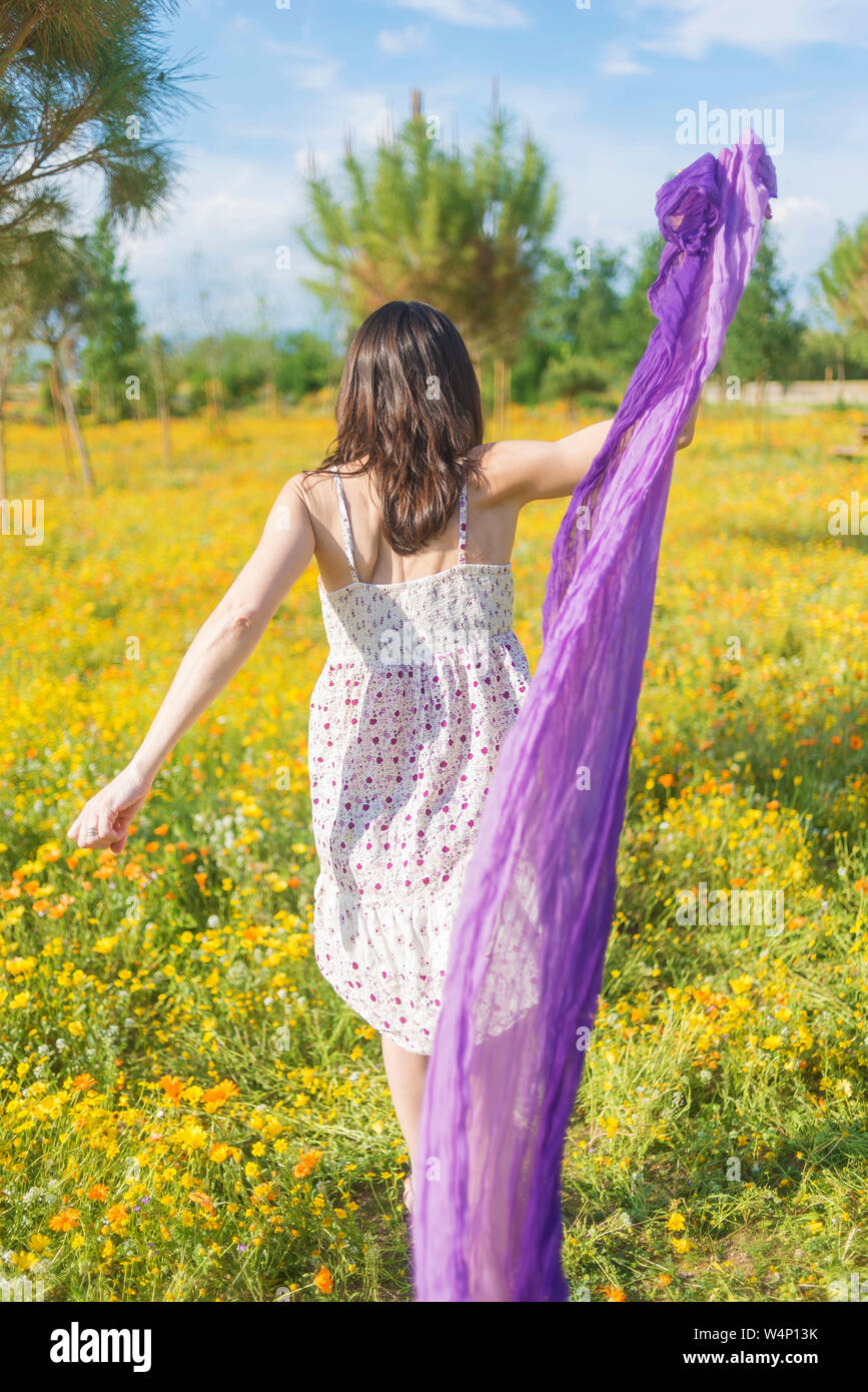 Rear view of a beautiful woman wearing a dress walking through a field while holding a scarf Stock Photo