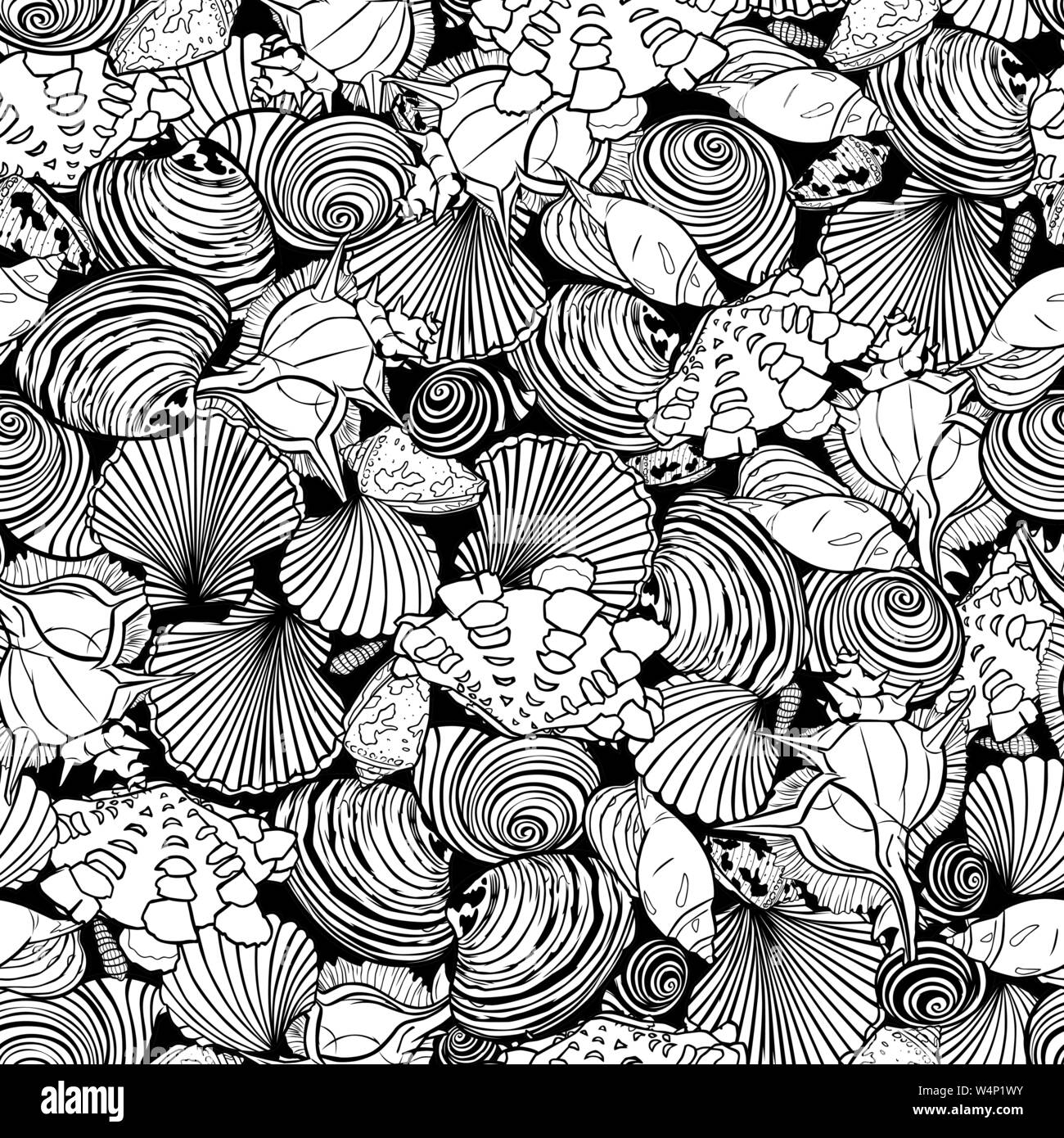 Vector black and white repeat pattern with variety of overlaping seashells. Perfect for fabric, scrapbooking, wallpaper projects. Stock Vector