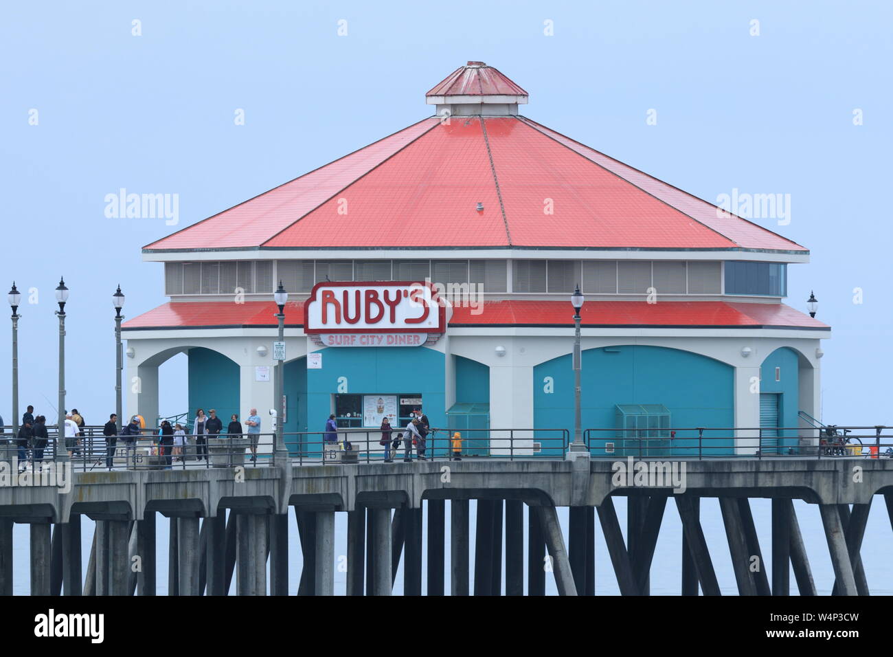 Ruby's Surf City Diner on the Huntington Beach pier during AVP Open on May 4, 2019. Stock Photo
