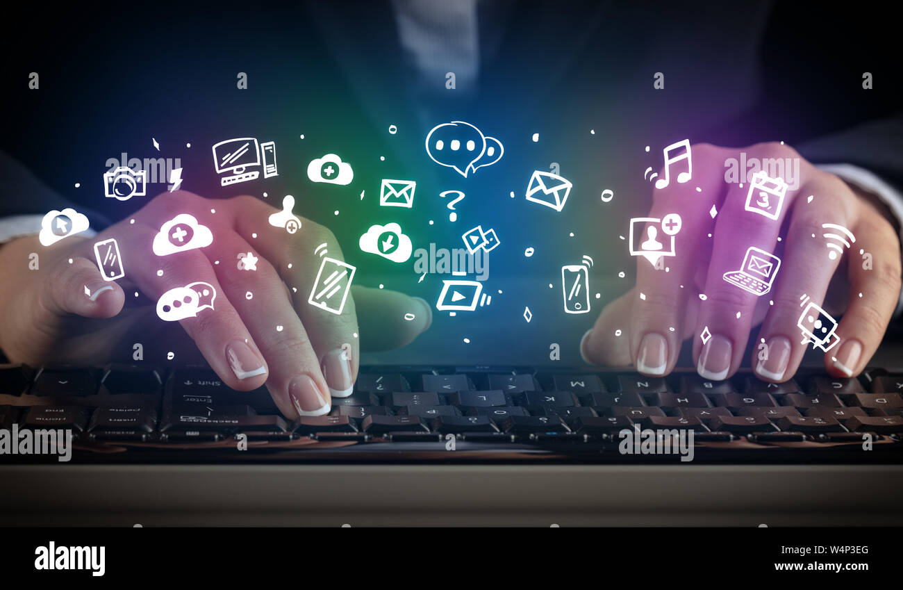 Blogger woman typing on keyboard with drawn application icons around ...