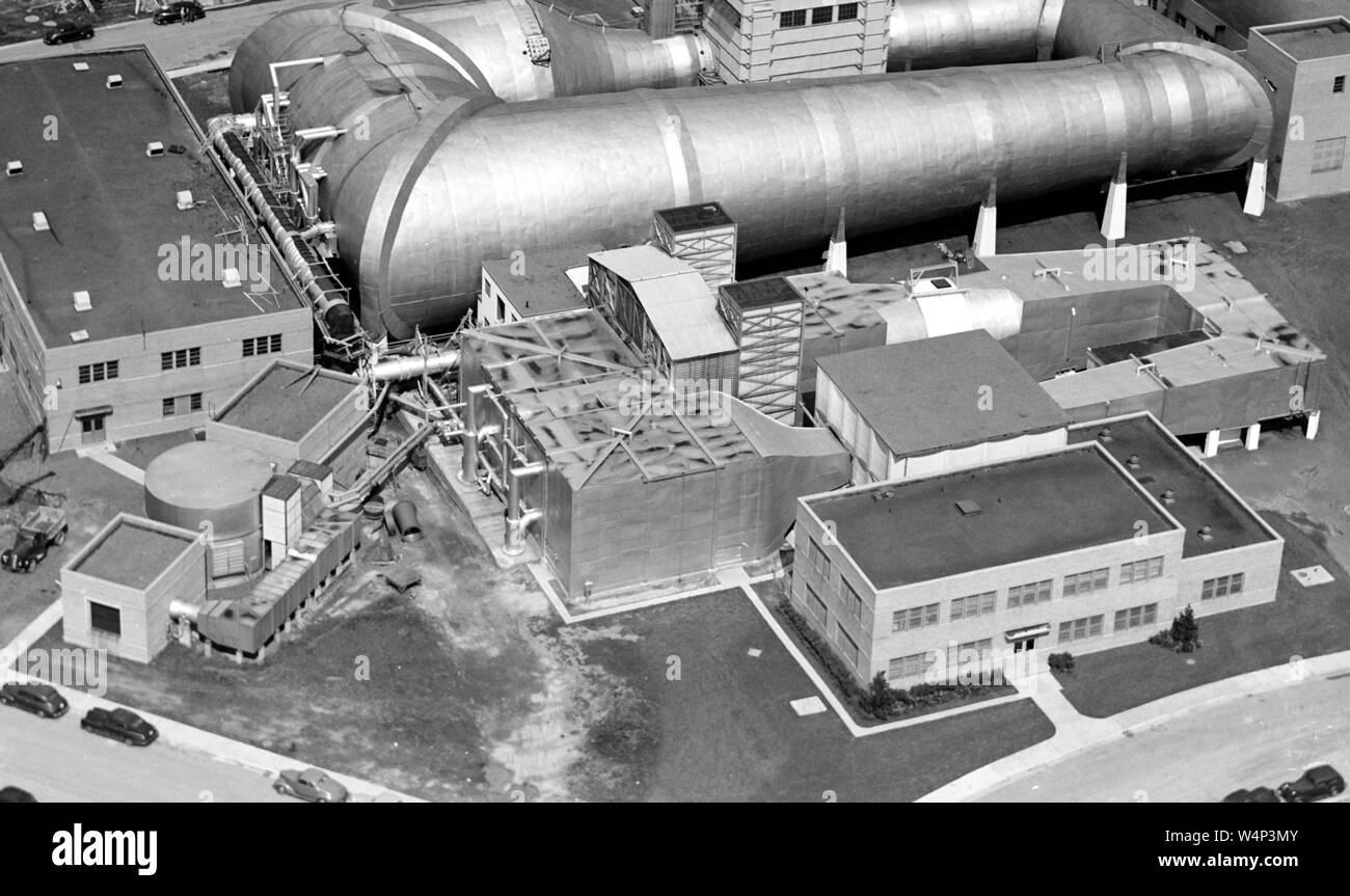 Aerial view of the Icing Research Tunnel showing the refrigeration and make-up-air structures, John H. Glenn Research Center at Lewis Field, Cleveland, Ohio, 1945. Image courtesy National Aeronautics and Space Administration (NASA). () Stock Photo