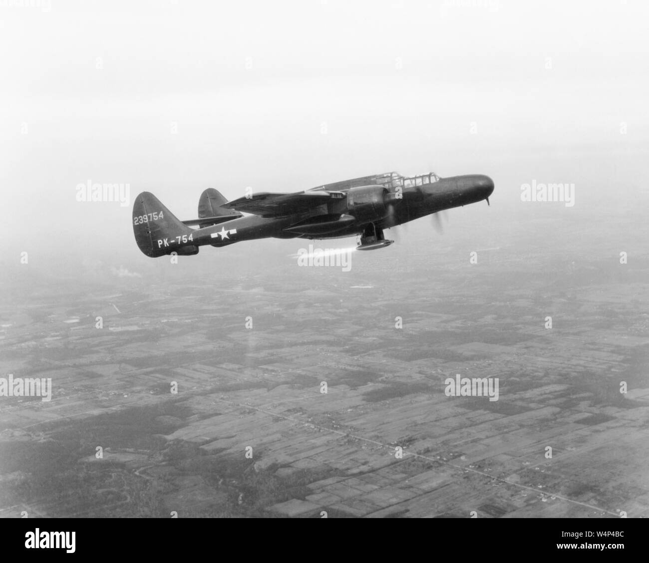 P-61 airplane in a test flight with ramjet burning, January 27, 1947. Image courtesy National Aeronautics and Space Administration (NASA). () Stock Photo