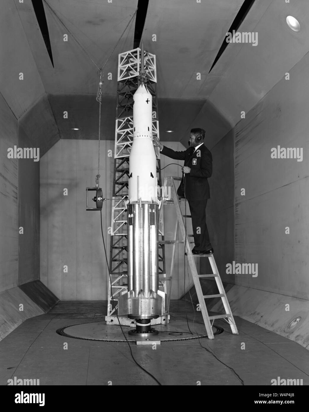 NASA engineer prepare Apollo Block II Saturn I for aerodynamic integrity wind tunnel test, March, 1963. Image courtesy National Aeronautics and Space Administration (NASA). () Stock Photo
