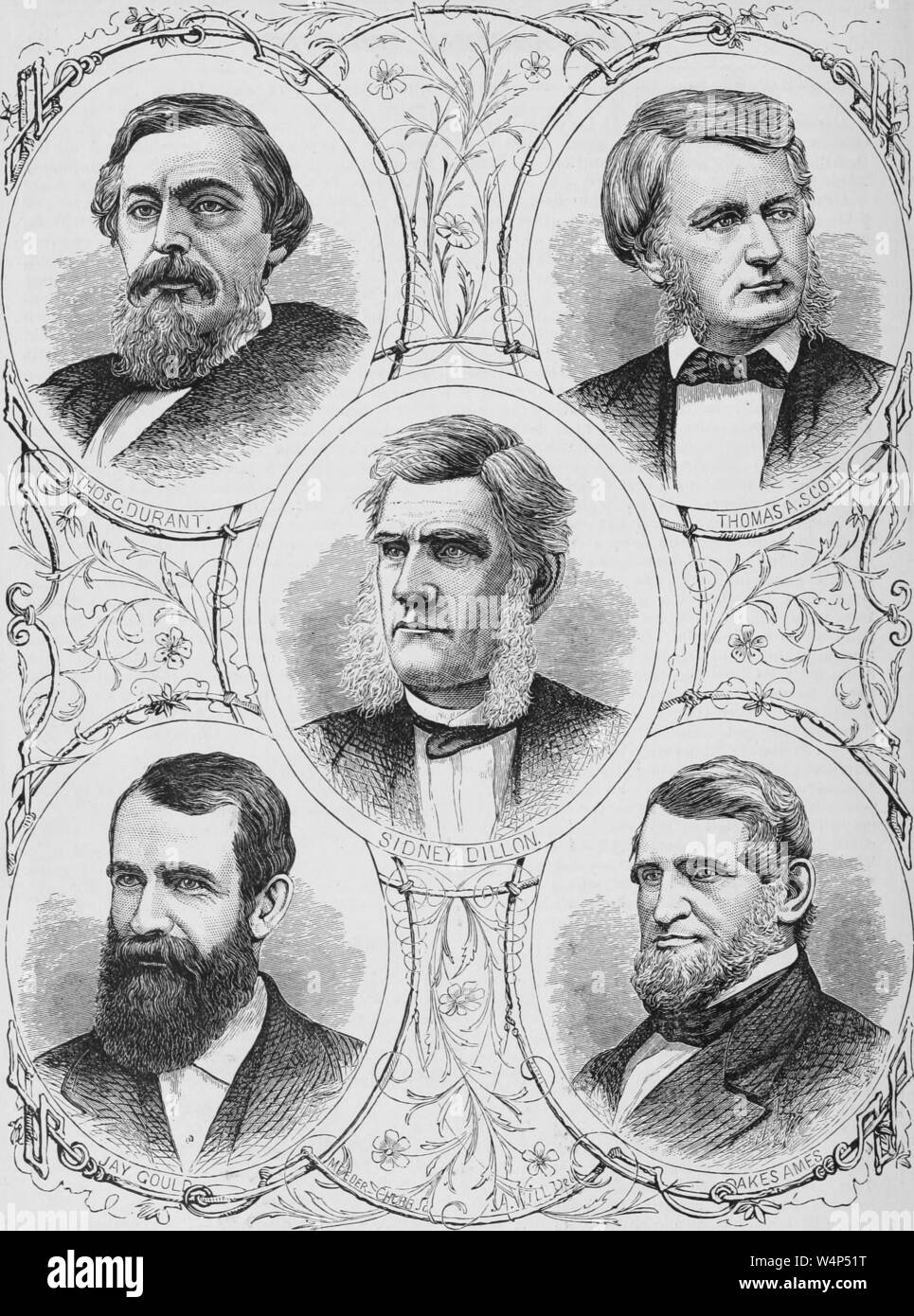 Engraved portraits of the Union Pacific railroad representative men, Thomas C. Durant, Thomas A. Scott, Sidney Dillon, Jay Gould, and Oakes Ames, from the book 'The Pacific tourist' by Henry T. Williams, 1878. Courtesy Internet Archive. () Stock Photo