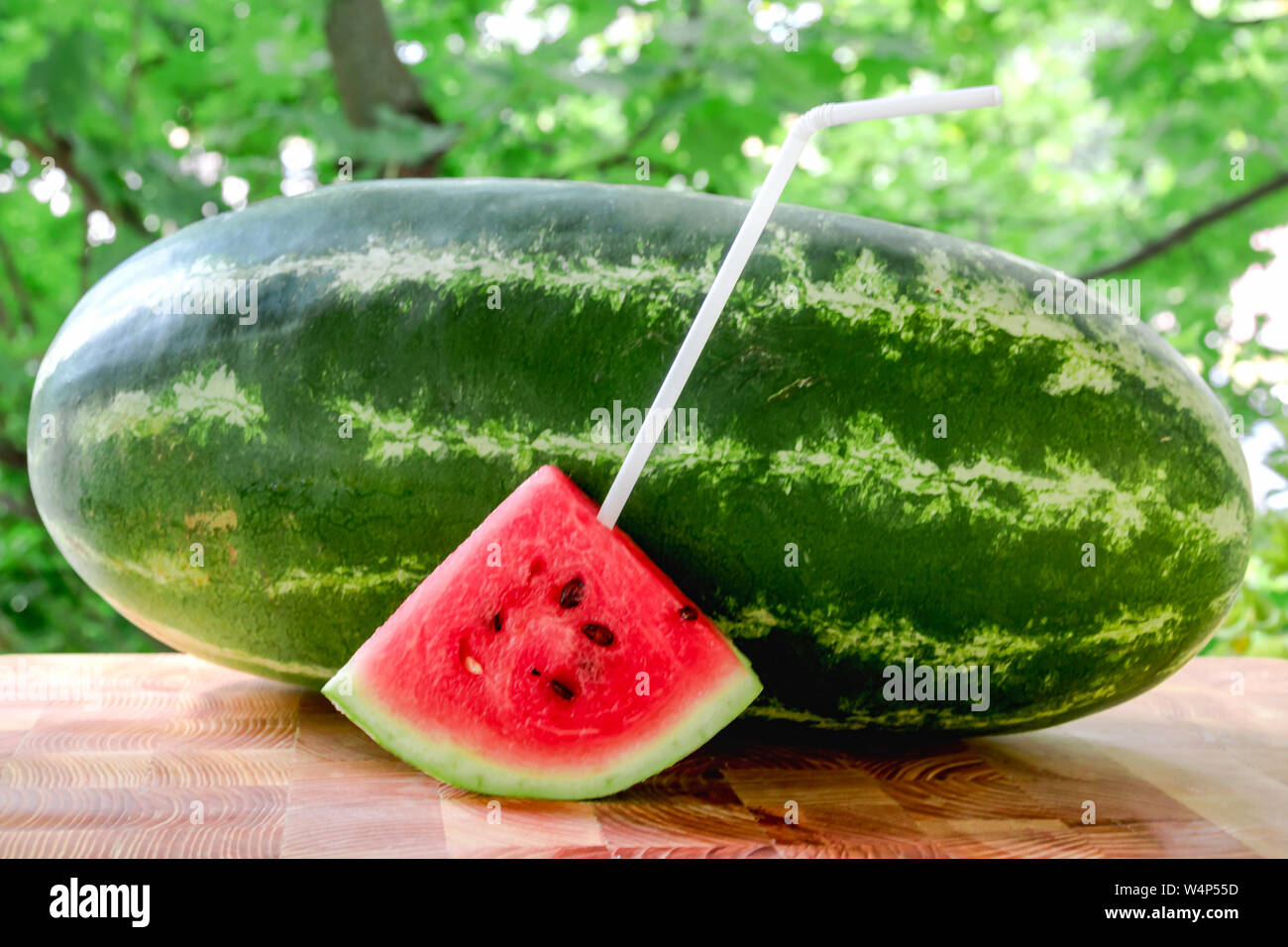 A triangular piece of a ripe watermelon with a straw stands in front of a  long striped watermelon. Drink a watermelon through a straw Stock Photo -  Alamy