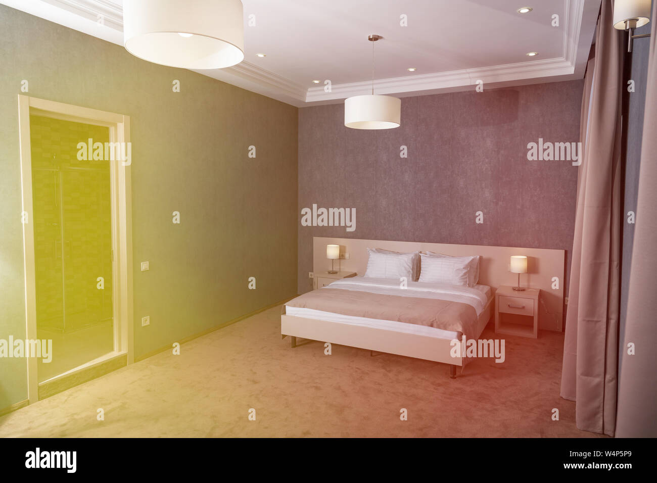 Comfortable Hotel Room With Tv Large Mirror Elegant Lamps Stock
