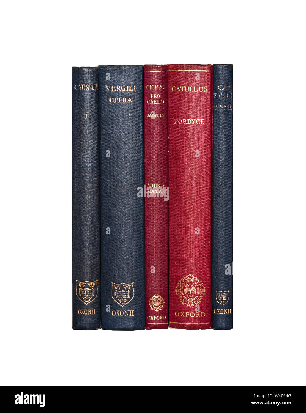 Book Image:  Hardbound, copies of 5 Latin Oxford Classical Texts (OCTs): Caesar, Virgil, Cicero and Catullus,  isolated on white background. Stock Photo