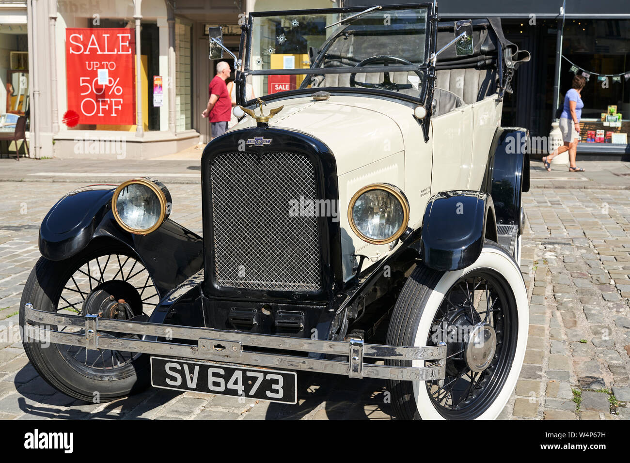 Front Driver's side view of a 1925 Chevrolet parked at Wells Market Place. Stock Photo