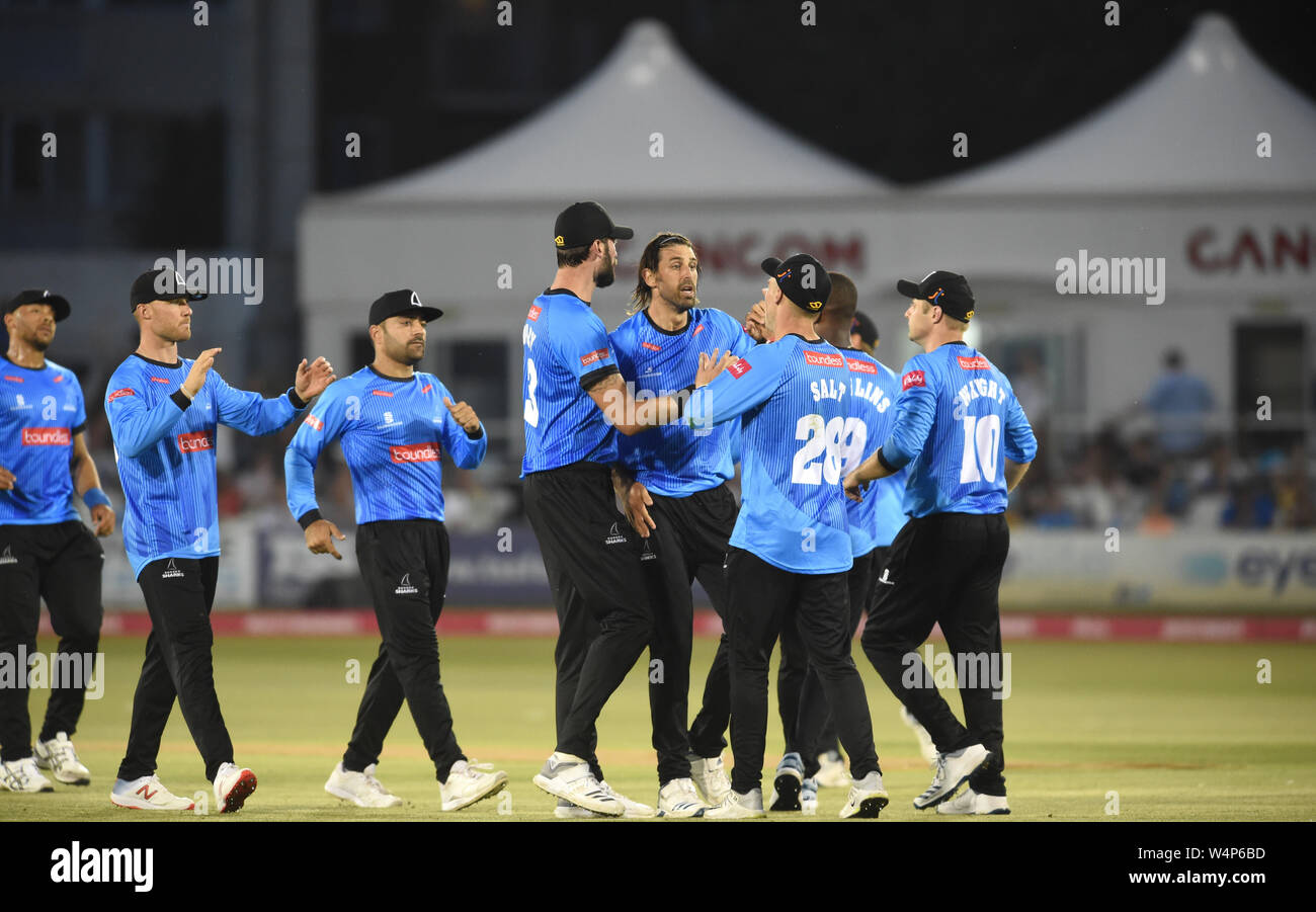 Hove Sussex UK 24th July 2019 - David Wiese of Sussex Sharks celebrates taking a wicket during the Vitality Blast South Group Match between Sussex Sharks and Hampshire at the 1st Central County Ground in Hove  . Credit : Simon Dack / Alamy Live News Stock Photo