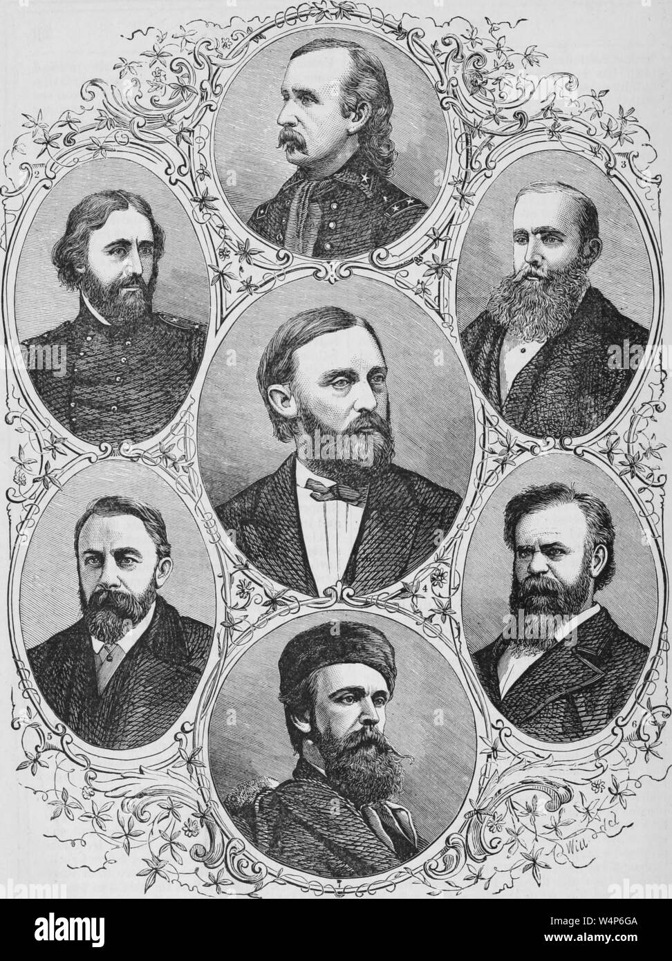 Engraved portraits of the eminent American explorers and artists, George Armstrong Custer, John Charles Fremont, George Montague Wheeler, Ferdinand Vandeveer Hayden, Albert Bierstadt, John Wesley Powell, and Thomas Moran, from the book 'The Pacific tourist' by Henry T. Williams, 1878. Courtesy Internet Archive. () Stock Photo