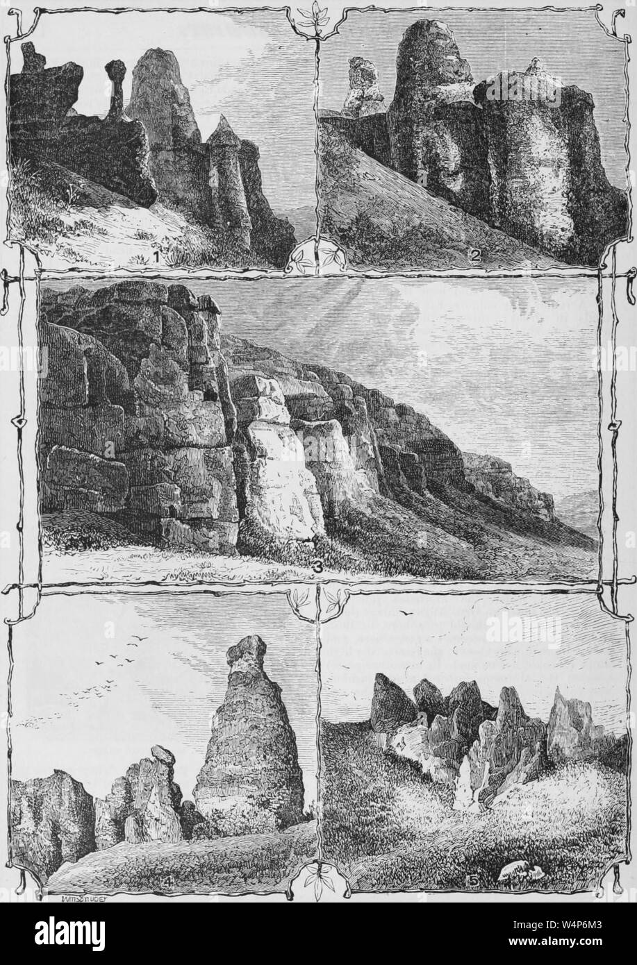 Engravings of the rock scenes near Echo City, Witches Rocks, Battlement Rocks, Egyptian Tombs, Witches Bottles, and Needle Rocks, from the book 'The Pacific tourist' by Henry T. Williams, 1878. Courtesy Internet Archive. () Stock Photo