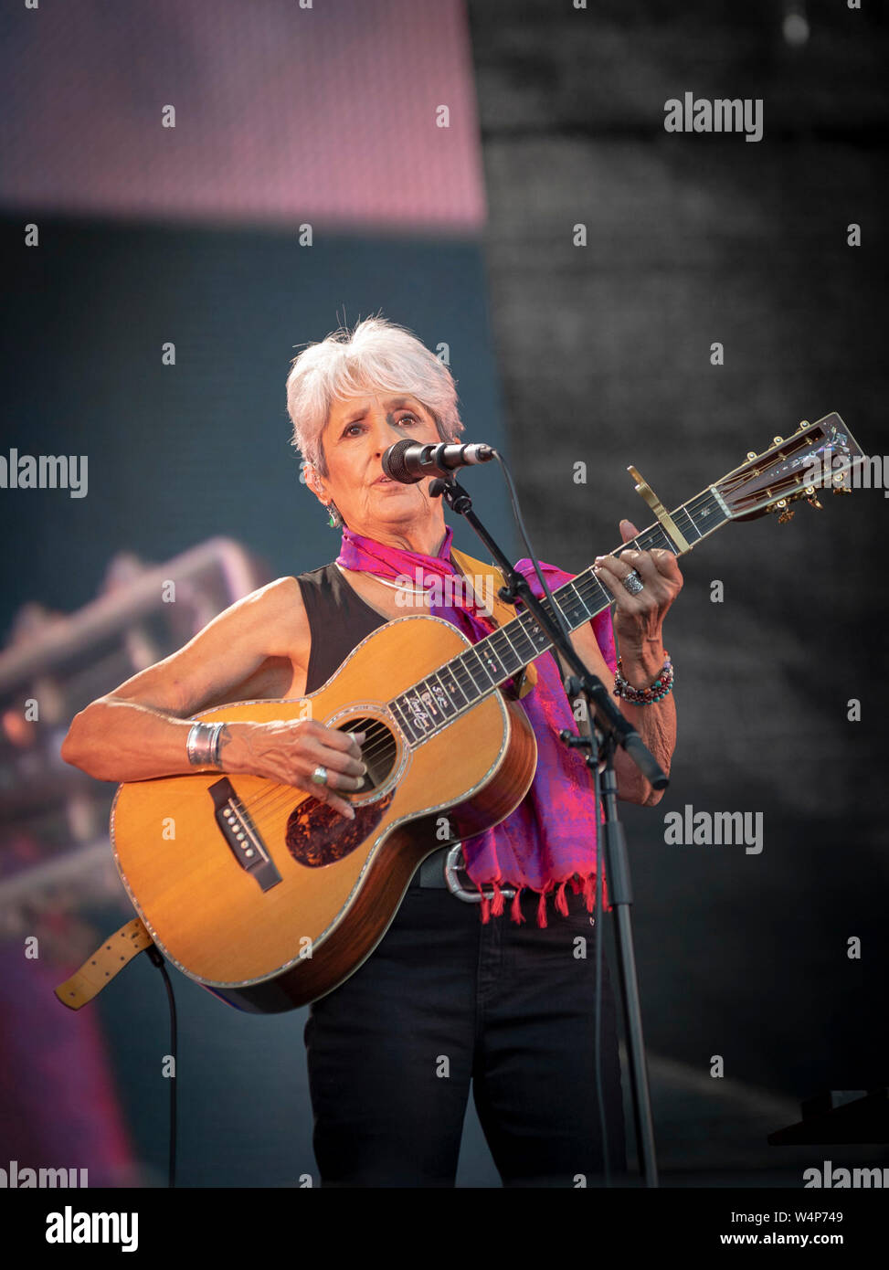 Zurriola beach, Spain. 24th July 2019. Joan Baez performing the 24th July 2019 at the Green Heineken Stage, placed on the Zurriola beach, of the Heineken Jazz Festival one of his latest concerts before she retires as a part of his Worldwide Tour “Fare The Wheel”. Taking place 24-28 July in Donostia-San Sebastian the 54 edition of Heineken Jazzaldia 2019 (Basque Country-Spain).  The Festival is one of the oldest in Europe and the oldest in Spain. Credit: Gary Roberts/Alamy Live News Stock Photo