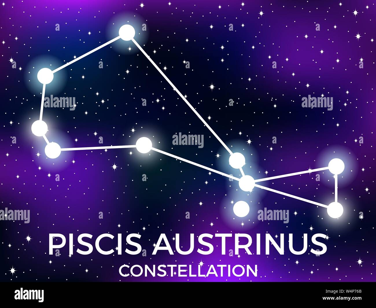 Piscis Austrinus constellation. Starry night sky. Zodiac sign. Cluster of stars and galaxies. Deep space. Vector illustration Stock Vector