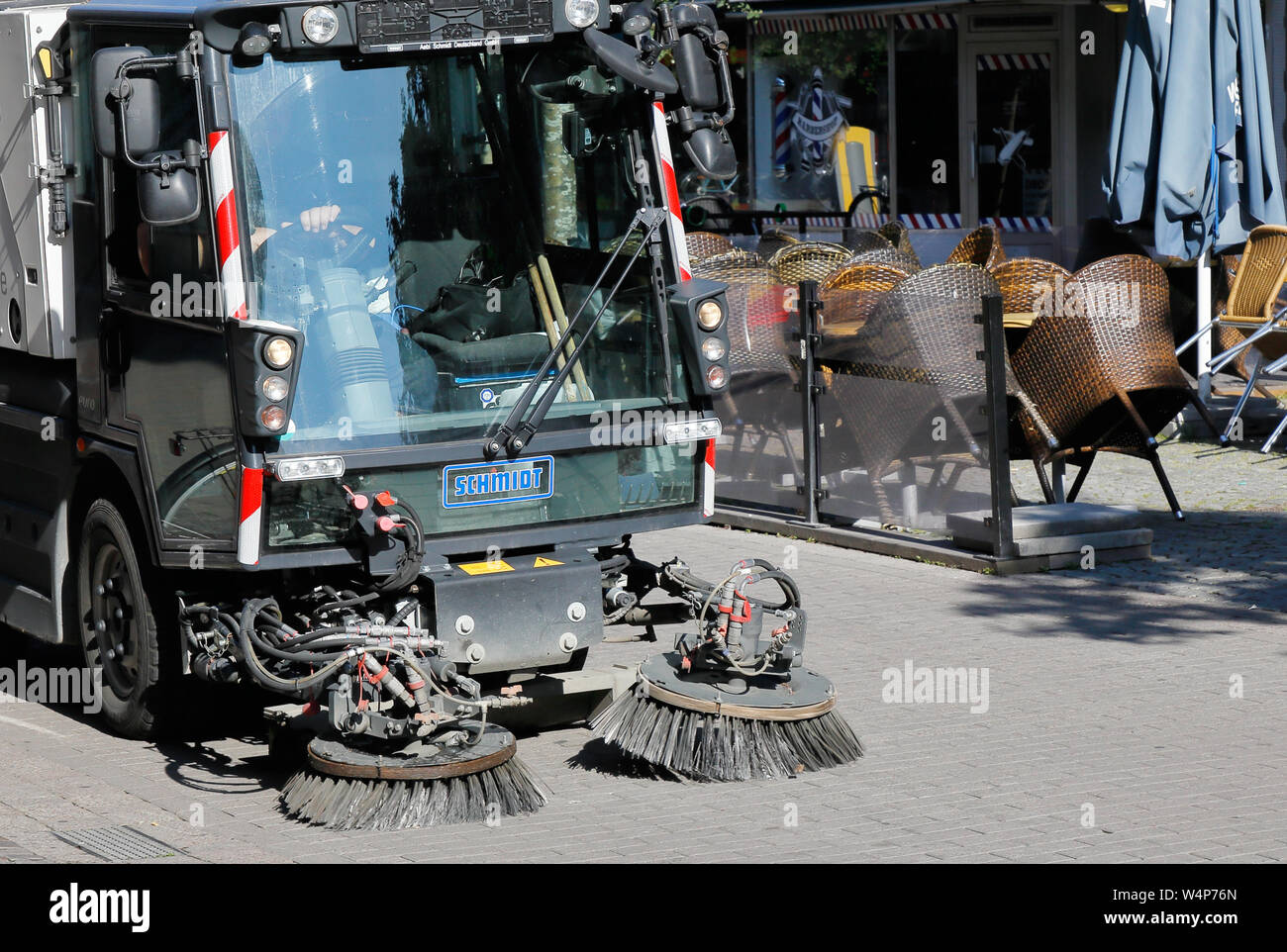 Karlstad, Sweden - July 14, 2019: Mechanical modern street sweeper at the Drottninggatan street. Stock Photo