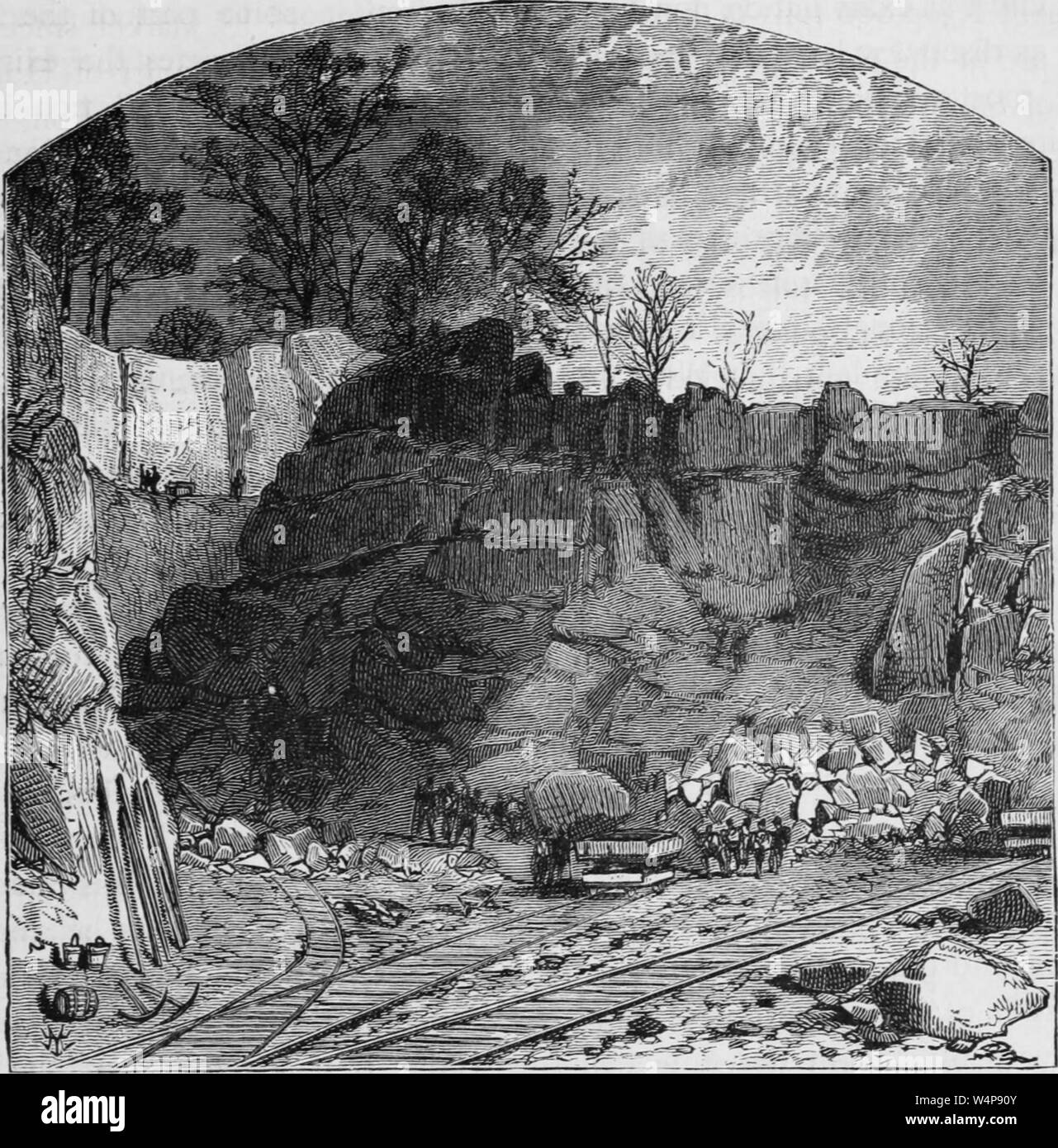 Engraving of the iron mine workers in the cut in Iron Mountains, Lake Superior, from the book 'Industrial history of the United States' by Albert Sidney Bolles, 1878. Courtesy Internet Archive. () Stock Photo