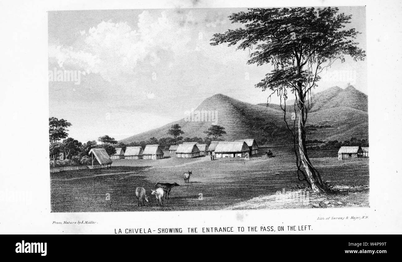 Engraving of the entrance to the Chivela Pass in the Sierra Madre Mountains, Mexico, from the book 'The Isthmus of Tehuantepec' by John Jay Williams, 1852. Courtesy Internet Archive. () Stock Photo