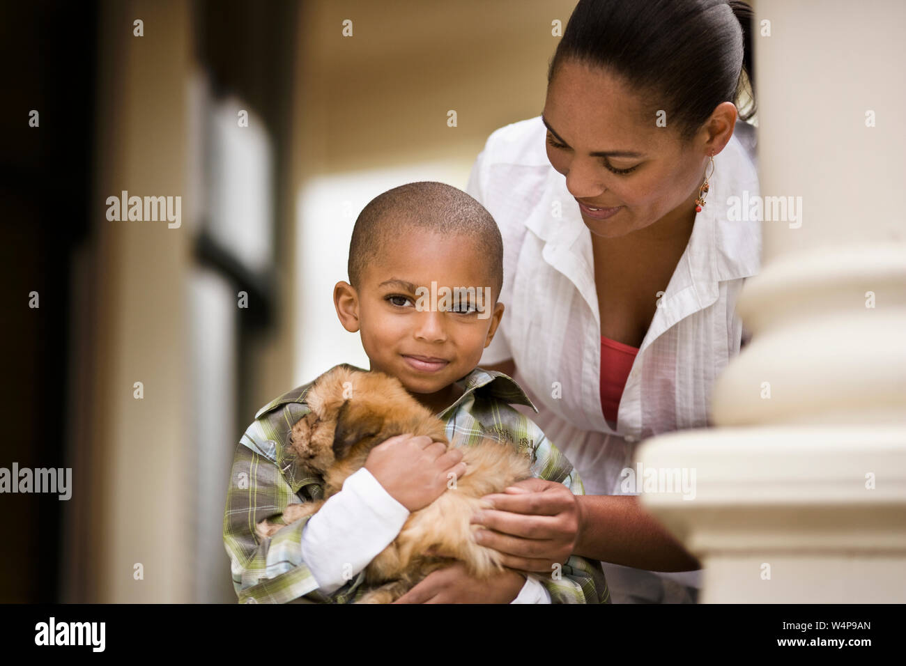 Mother leans over her son as he cuddles a puppy on a porch. Stock Photo